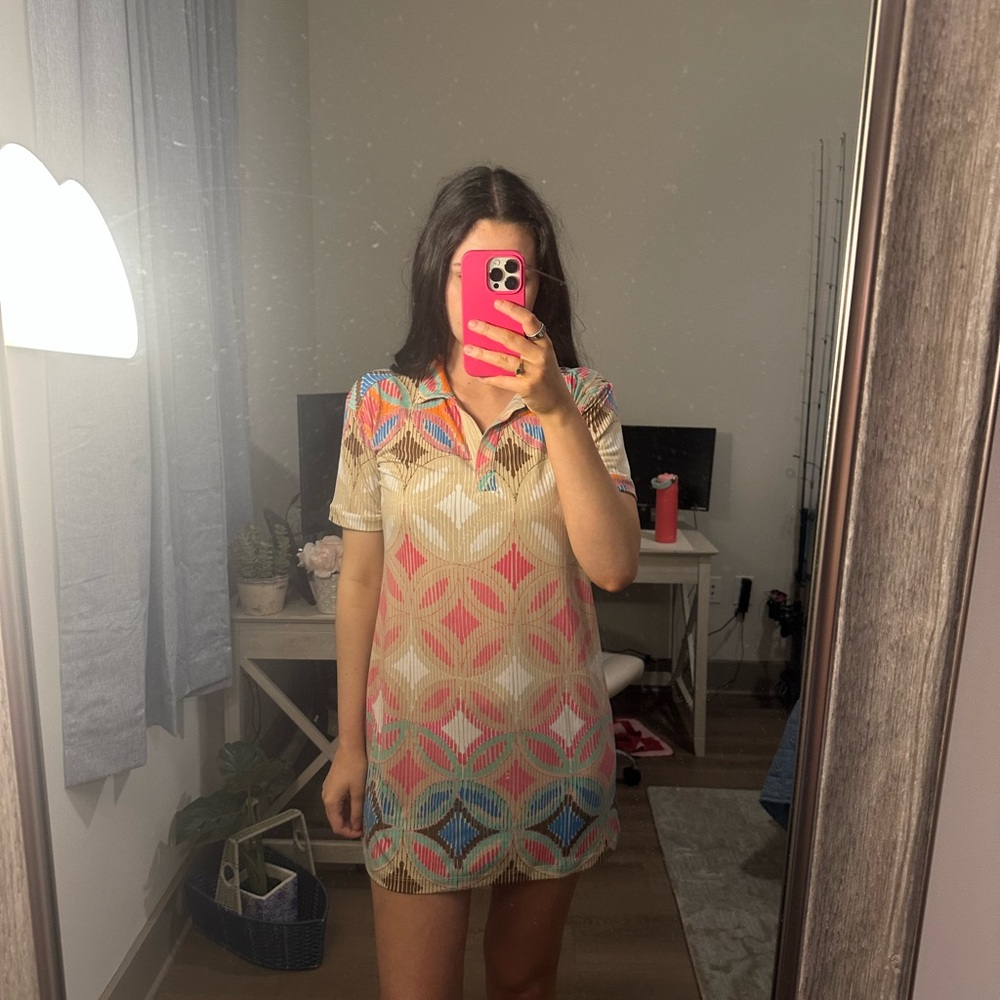 Tori Richard Pink and Gray Polo Collar Mini Sundress